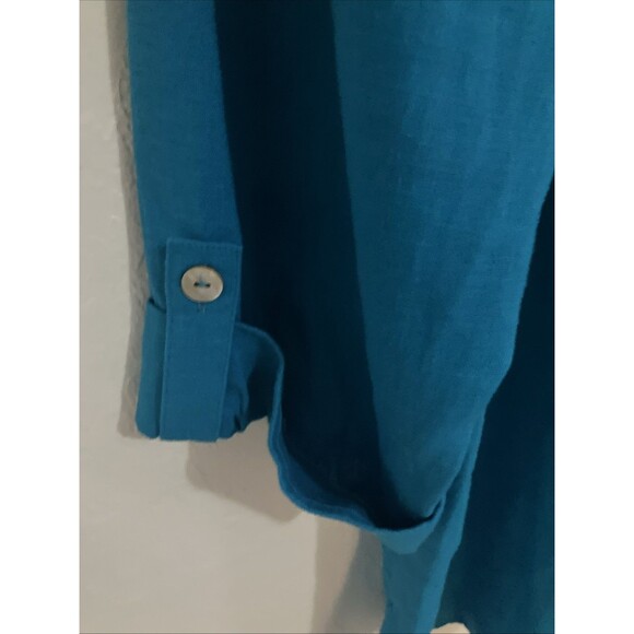 ali miles Top Blouse XL Blue Tunic Linen Blend Raised Paisley Print Roll Tab - Picture 6 of 6